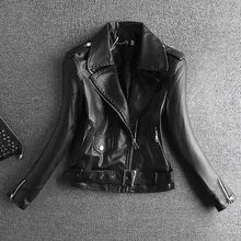 Куртка из искусственной кожи искусственная(Для женщин карманы на шнуровке длинный рукав короткий Длина однотонные рубашки с отложным воротником с застежкой-молнией и стандартной толщины