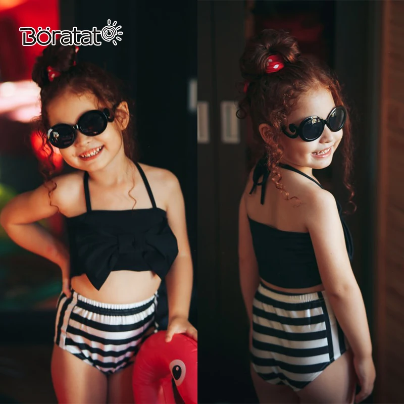 

Two-piece Swimsuit Set Baby Girl Bikini Swimwear Solid Wire Free Girls Mid Waist Sling Bow Bikini Swimming Suit for Kid