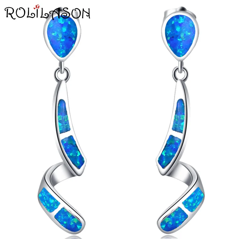 

ROLILASON Renaissance Curved shape Blue fire opal Silver Stamped For Women Dinner gift Dangle Earring Fashion Jewelry OE713