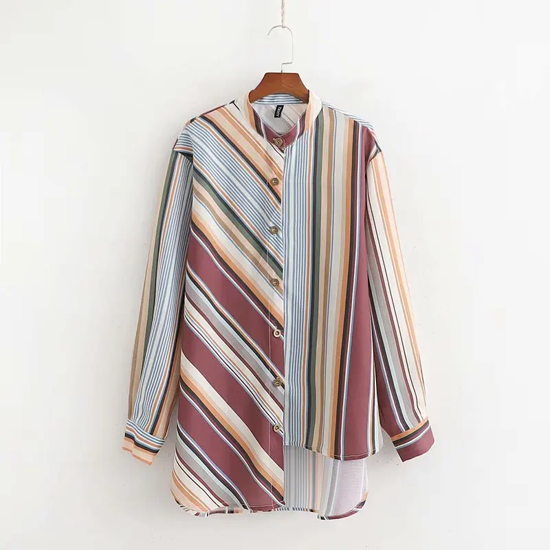 

new women vintage o neck colorful striped print casual blouse shirts women retro long sleeve irregular chemise blusa tops LS3503