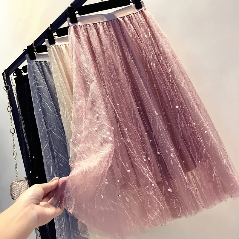 Летняя новая женская кружевная юбка из сетчатой ткани с отделкой бисером Женская длинная Плиссированная юбка с эластичной резинкой на талии