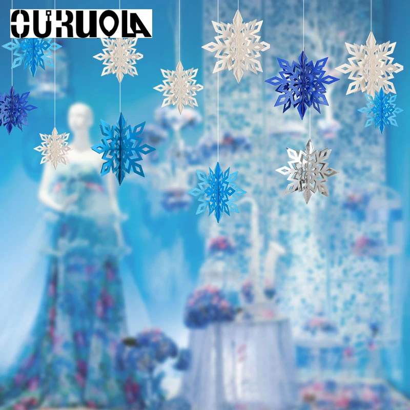 6Pcs/Set 3D Paper White Blue Snowflake Christmas Tree Flowers Noel Tree Star Christmas Garland Holiday Festival Frozen Themed 6Pcs/Set 3D Paper White Blue Snowflake Christmas Tree Flowers Noel Tree Star Christmas Garland Holiday Festival Frozen Themed
