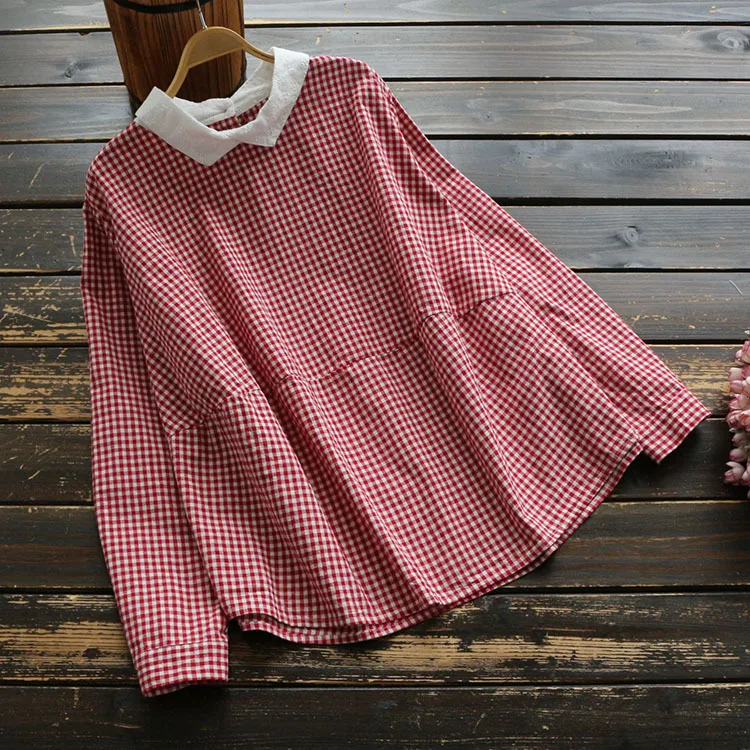 

5449 spring women Japan style blouse embroidery turndown collar long sleeve Cotton linen loose women Vintage plaid shirt top