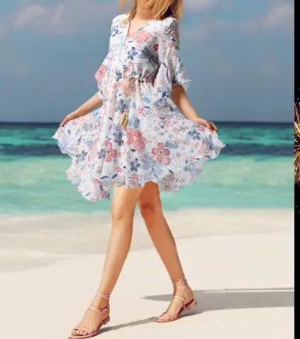 

Women Dresses Summer Short Sleeve Chiffon Floral Print A-line Female V-neck Elastic Waist Mid-length Party Dress Femme Vestidos