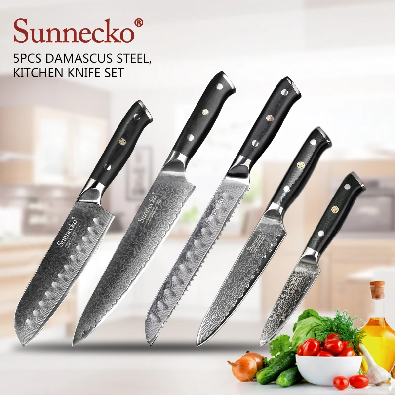 

SUNNECKO 5PCS Kitchen Knives Set Santoku Chef Bread Utility Paring Knife Japanese Damascus VG10 Steel Sharp Blade Cutting Tools