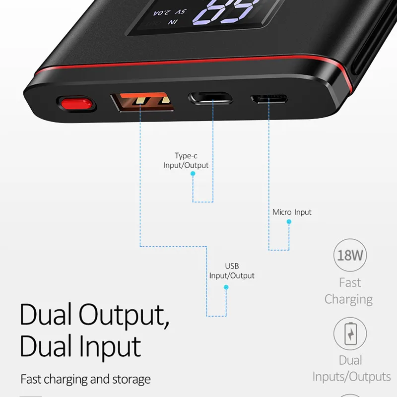 Ultra-thin Power Bank,USAMS 10000mah 18W QC 3.0+PD fast Charge Power Bank LCD display PowerBank Type C & Micro Port USB Charger