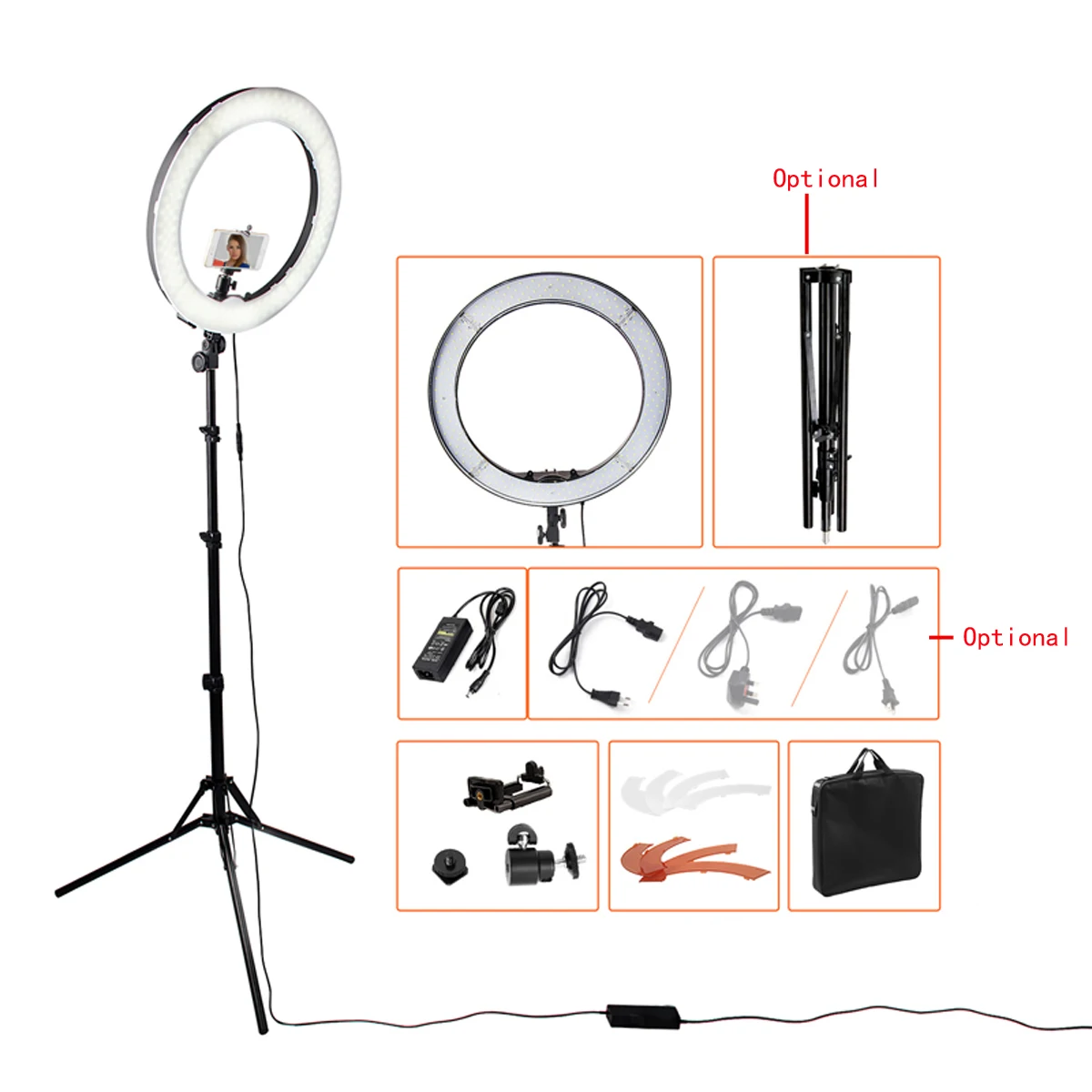 

RL-18 55W 5500K 240 Bulbs LED Ring Light Photographic Lighting Dimmable Camera Photo/Studio/Phone Photography Lamp Tripod Stand