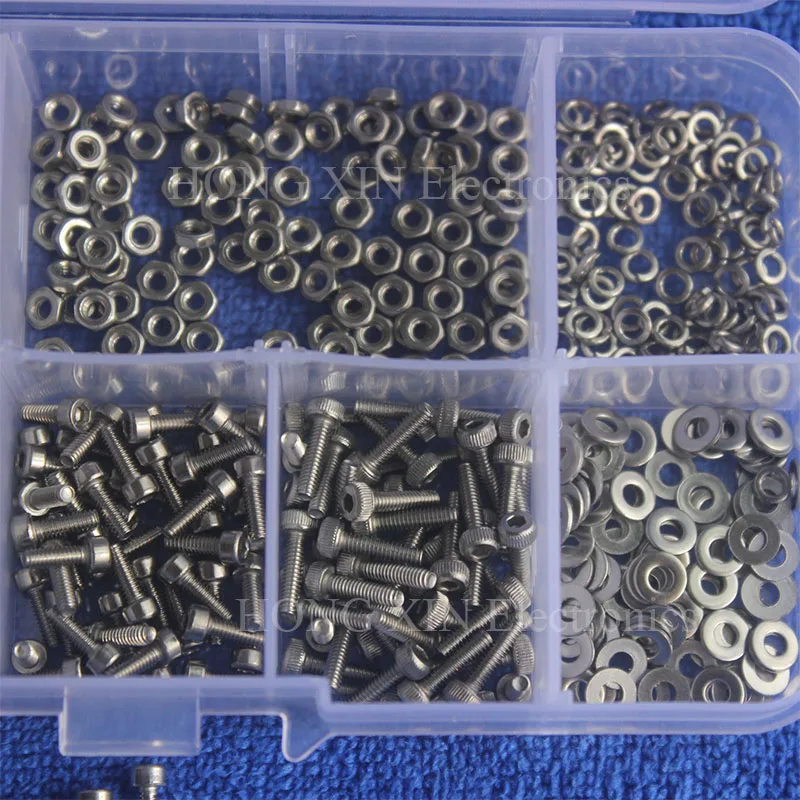 600pcs/set M2 304 Stainless Steel Hex Socket Screws Bolt With Hex Nuts Washers Assortment Kit Set Hardware