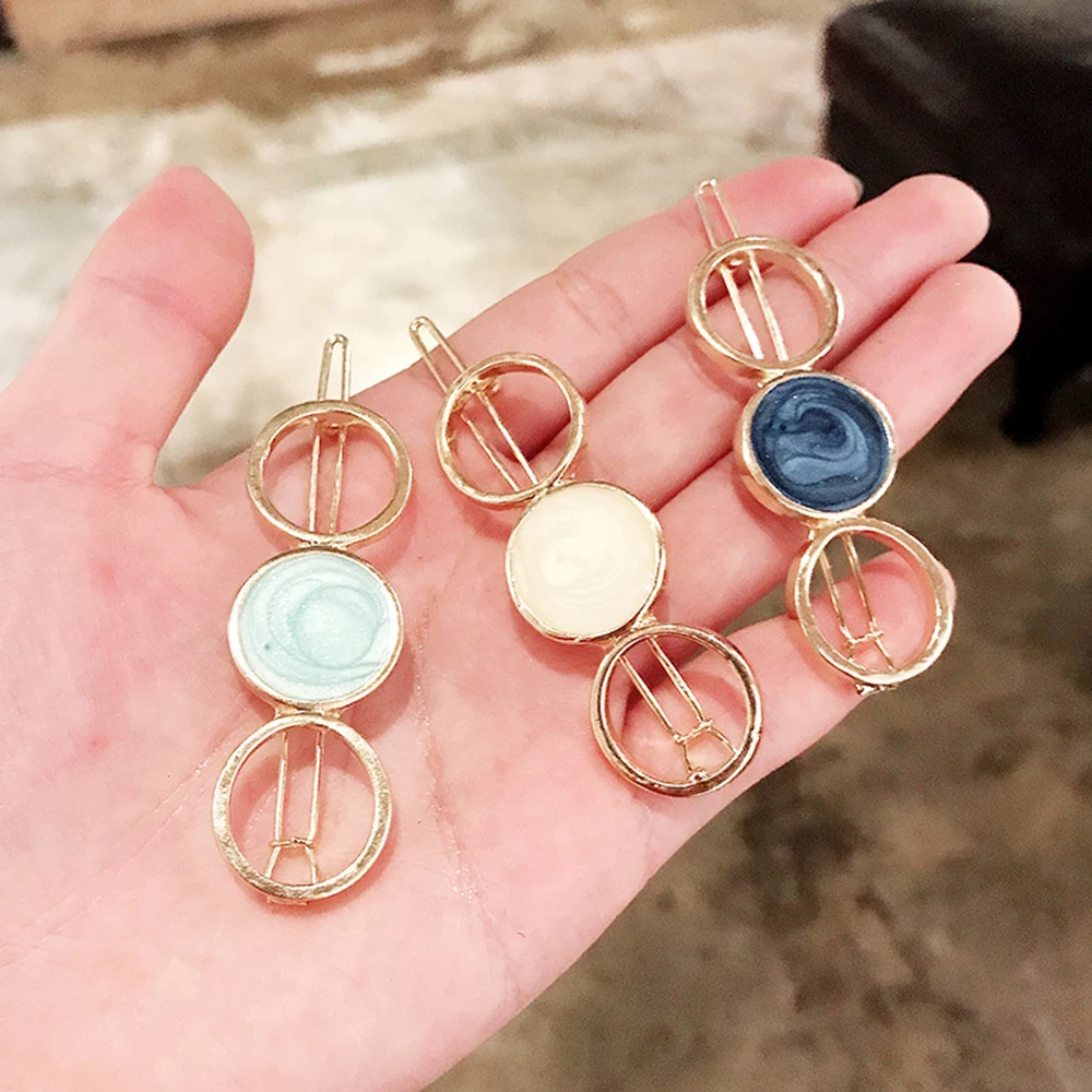 New FashionGirls Gold/Silver Plated Metal Triangle Circle Moon Hair Clips Metal Circle Hairpins Holder Hair Accessories TSLM2