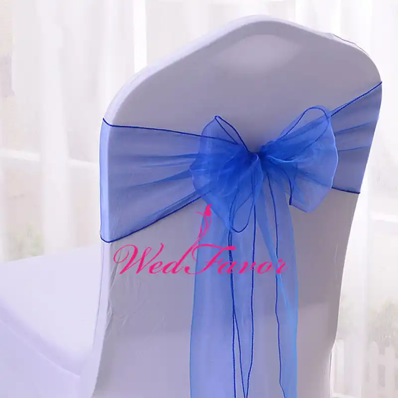 100pcs Teal Blue Wedding Chair Cover Ties Crystal Organza Chair