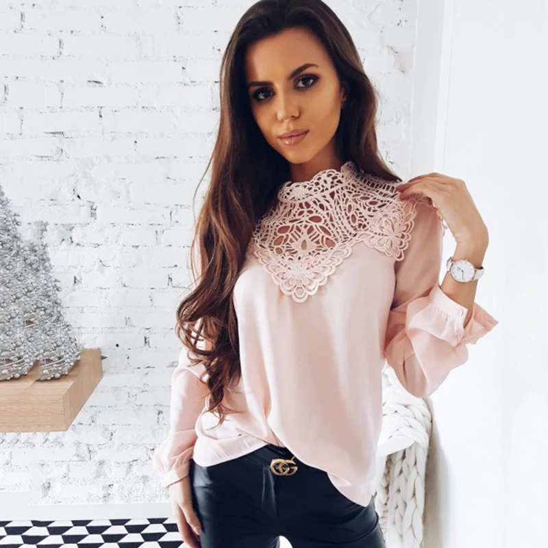 Mujer Camiseta Casual Blusa Sueltos Manga Gasa Tops Elegante De rosado 2019 Nueva Moda Larga Otoño verde blanco Camisas Negro Encaje WvntCZ