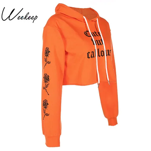 Weekeep, Женская толстовка с буквенным принтом, повседневный фонарь, длинный рукав, толстовка с капюшоном, модный осенний оранжевый короткий пуловер на завязках - Цвет: as picture