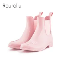 Rouroliu Women PVC Elastic Band Rain Boots Waterproof Water Shoes Woman Ankle Wellies Slip-on Black Pink Gray RT281 Rouroliu Women PVC Elastic Band Rain Boots Waterproof Water Shoes Woman Ankle Wellies Slip-on Black Pink Gray RT281