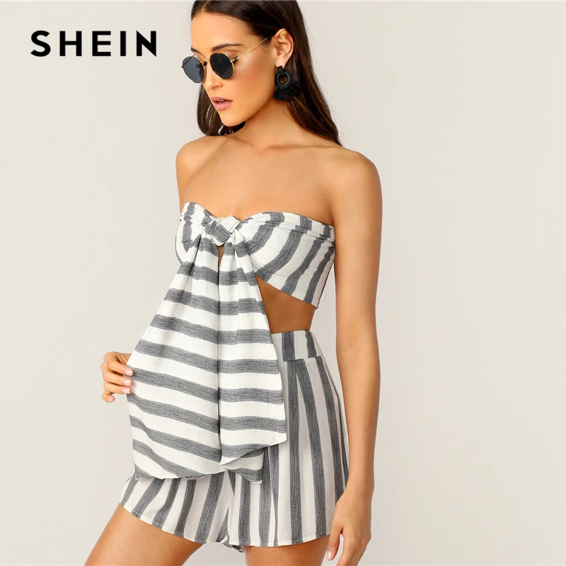 SHEIN Бандо В Полоску С Узлом И Шорты Комплект Женский Летний Богемный Топ Без