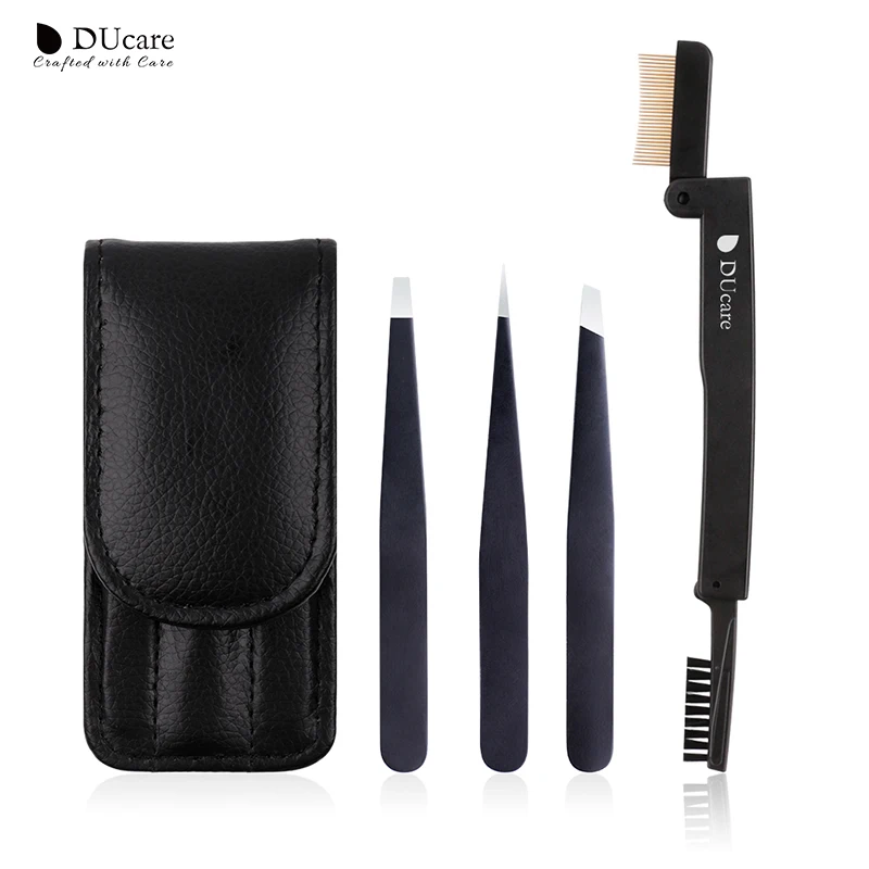 

DUcare 3 PCS Eyebrow Tweezers and 1 PCS Dual Ended Eyelash Comb Point Tip/Slant Tip/Flat Tip Cosmetic Tool Kit