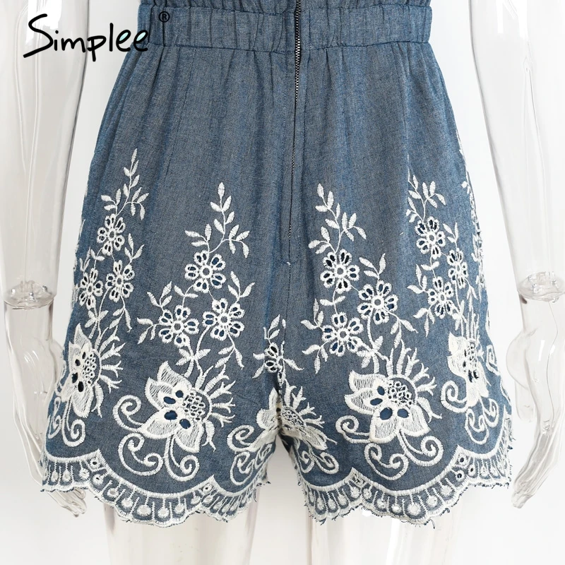 Simplee Embroidery v neck summer jumpsuit romper Strap elegant jumpsuit women floral playsuit 2017 sexy zipper short overalls 26