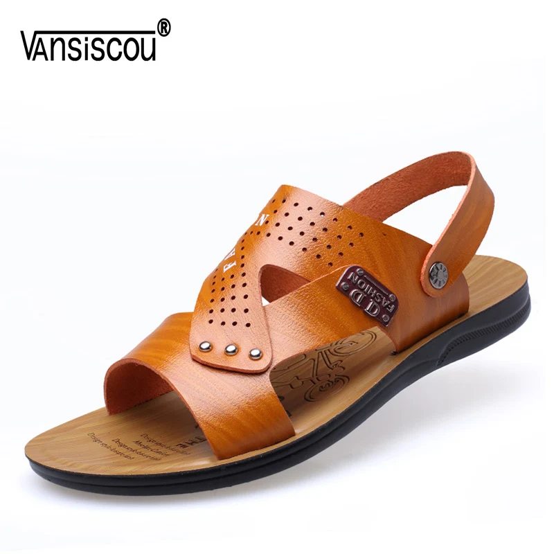 

VANSISCOU Men Casual Soft Leather Sandals Anti-skid Breathable Outdoors Amphibious slippers Open Toe Comfy Footwear Beach Shoes