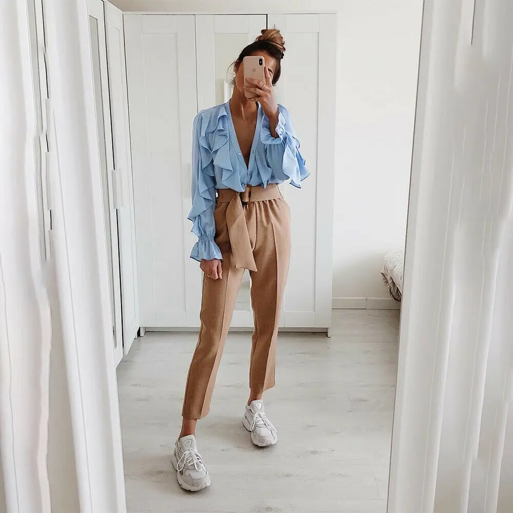 

Women Ladies V Neck Ruffle Loose Bell Sleeve Retro Pure Color OL Shirts Tops Casual Fashion Blouse Shirts