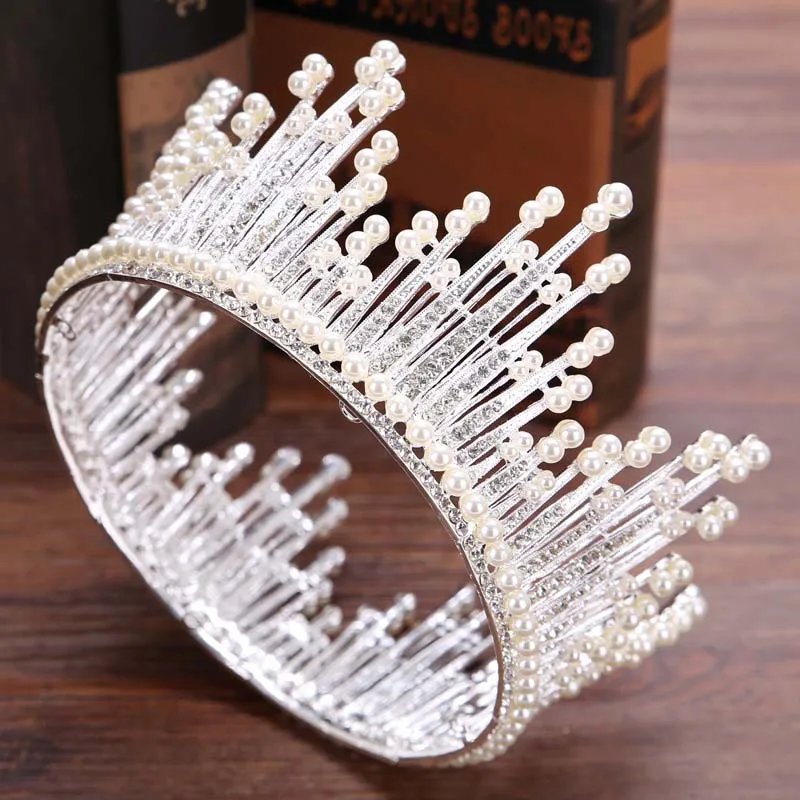

Baroque wedding hair accessories Luxury Crystal Pearl Tiaras Gold King Queen Diade Bridal Full Round Circle Tiara Headpieces