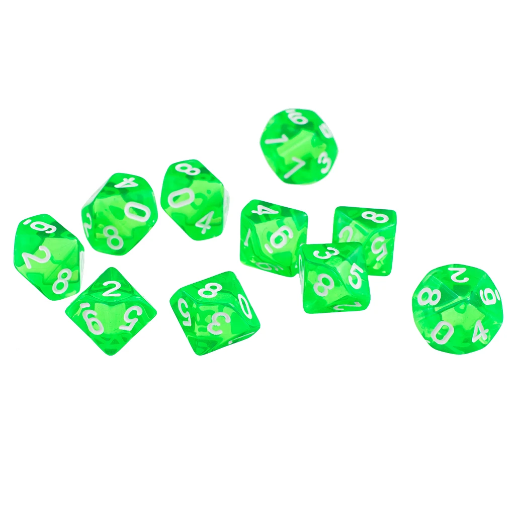 3 cm Set of 10 Dice Plastic D10 Green Ten Sided Gem Dice for RPG Dungeons & Dragons Games 