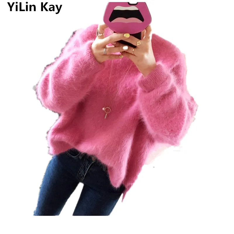 

YiLin Kay 2017High quality New Women Winter Warm knitted Sweater Fashion Soft Fake Mink Mohair Pullover jumpers Loose Pull Femme