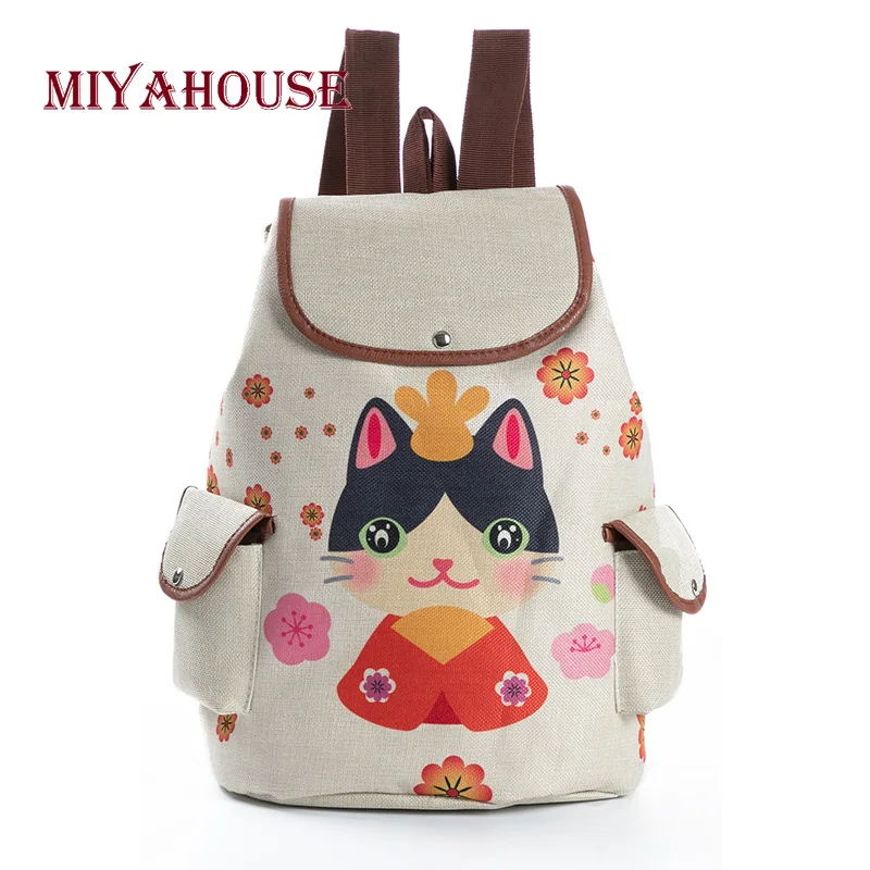 

Miyahouse Simple Style Linen Travel Backpack Female Cartoon Cat Printed Drawstring School Backpack For Teenage Girls Rucksack