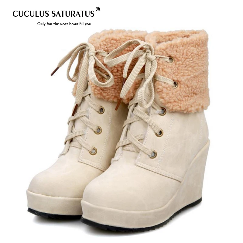 Cuculus Women Warm Wedge Boots Winter Plush Fur Shoes Woman Lace Up Ankle Boots Fashion Round Toe Platform Shoes Size 34-39 1149 Cuculus Women Warm Wedge Boots Winter Plush Fur Shoes Woman Lace Up Ankle Boots Fashion Round Toe Platform Shoes Size 34-39 1149