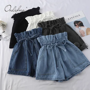

Ordifree 2019 Summer Streetwear Women Denim Shorts HIgh Waist Wide Leg Shorts Elastic Waist Casual Jeans Shorts
