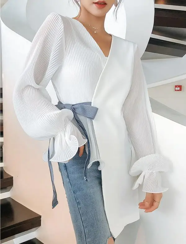 

White Irregular Women Blouse Fashion Patchwork V Neck Harajuku Blusas Bow Belted Elegant Office Lady Long Sleeve Cardigan Tops