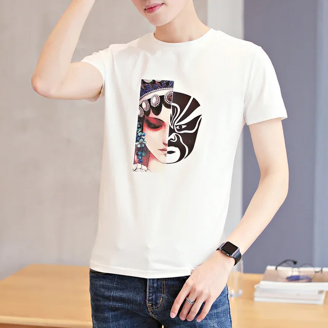 

Summer Korean Men's Half Sleeve Slim Short Sleeve T-Shirt Round Neck Printed Cotton Student Top