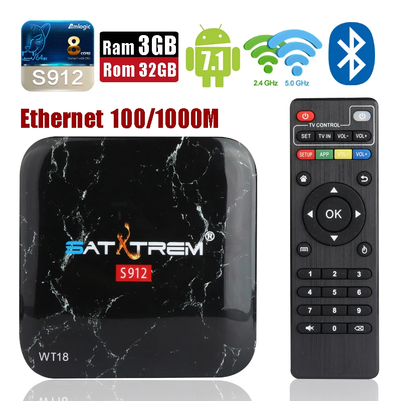 

SatXtrem WT18 Amlogic 8-Core Ram 3GB Rom 32GB Android 7.1 Smart TV Box Dual Wifi Bluetooth 4.0 Set-top Box 3D 4K HD Media Player