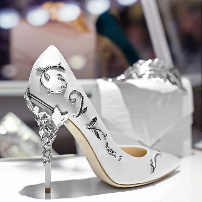 

White Pink Stain Gold Leaves Bridal Wedding Shoes New Fahsion Eden High Heel Women Party Evening Party Dress Shoes Woman