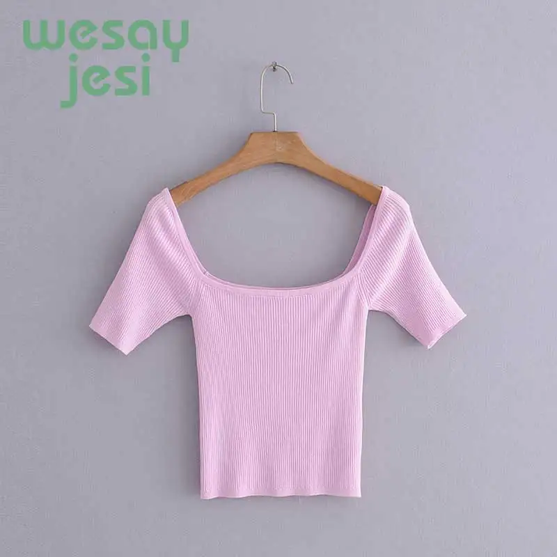 

Summer new Pink Knitted Short Tops Square Neck Shirts Women 2019 Womens Blouses blusa feminina Tops