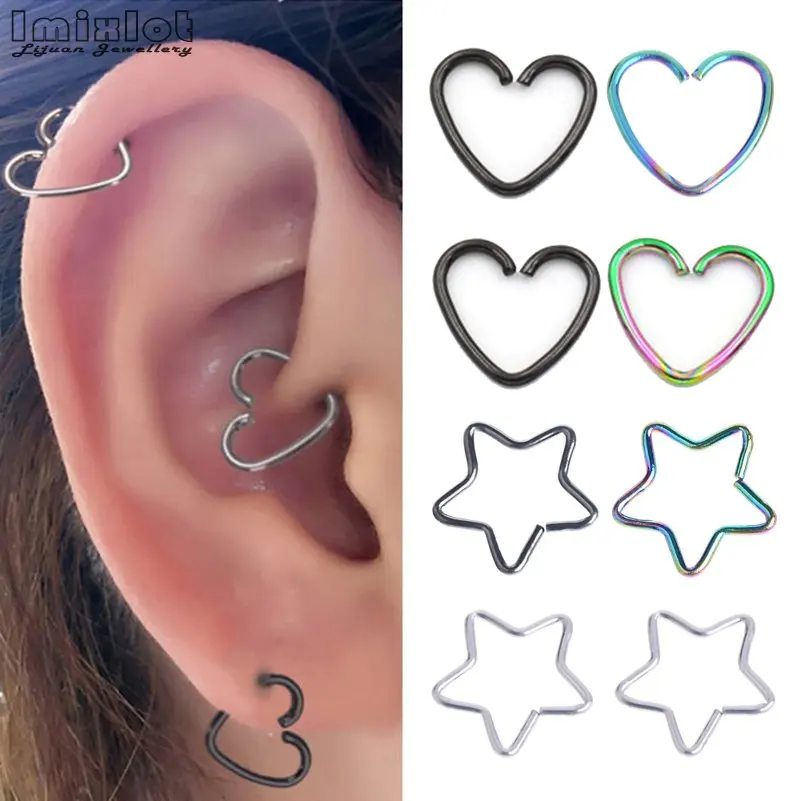 10 Pcs Star/heart Shape Stainless Steel Ear Piercing Ring Helix