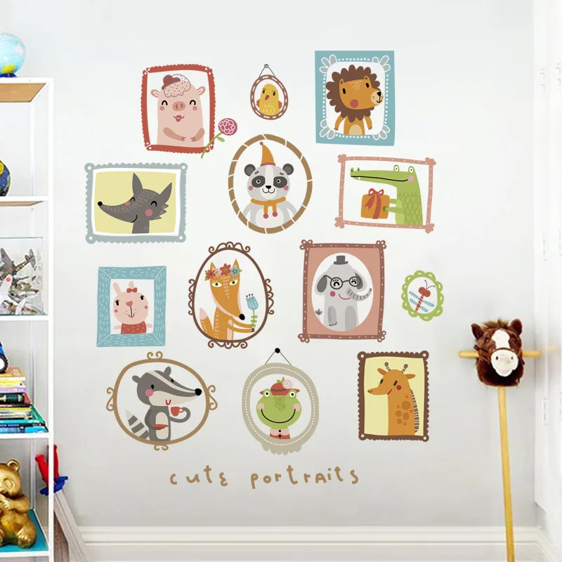 Милые Животные Портреты фото наклейки на стену в раме детская комната Спальня Коридор Декор личности самоклеющиеся животные обои