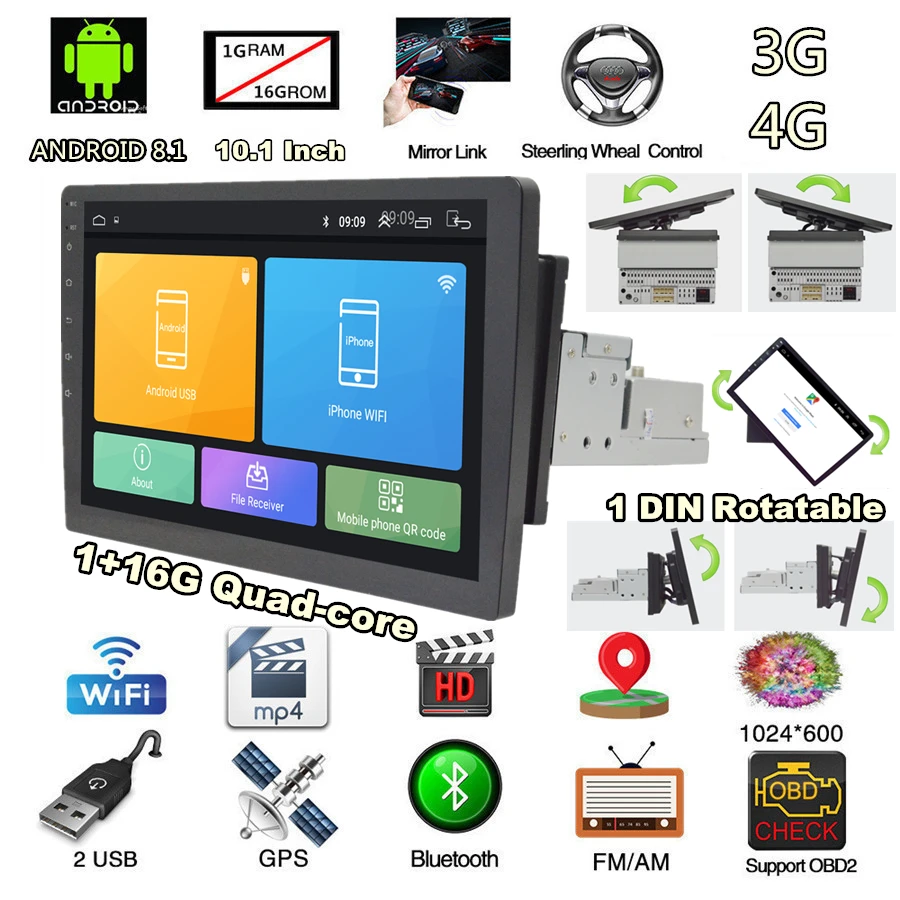 Discount Universal New Android 8.1 Multi-function navigation 4- Core RAM 1GB ROM+16GB Rotatable 1DIN 10.1" Touch Screen Car Stereo Radio 0