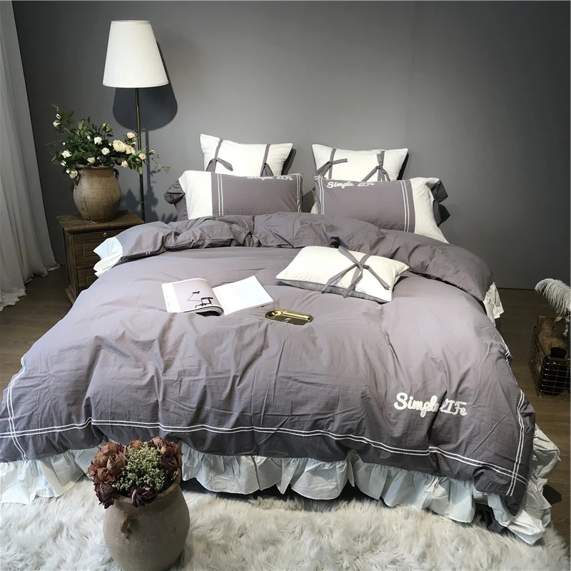 100 Cotton Queen King Size Bedding Set Gray White Bed Set Soft Bed