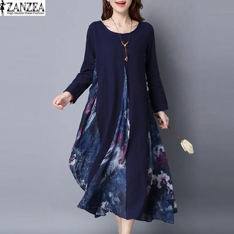 

2017 ZANZEA Spring Womens Floral Print Chiffon Splice Elegant Cotton Linen Long Sleeve Kaftan Party Boho Long Dress Tunic M-5XL