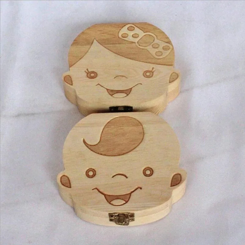 

English/Spanish/Russian Baby Tooth Wooden Storage Box Organizer Save Baby Tooth Umbilical Cord lanugo Teeth Gift Container M02C