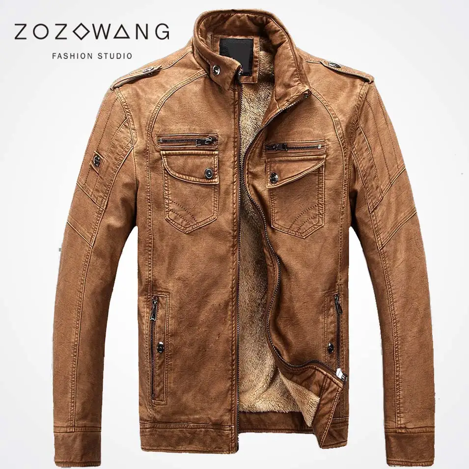 

Zozowang 2017 Men's retro do the old leather and cashmere leather jacket collar PU leather jacket short paragraph Slim thick