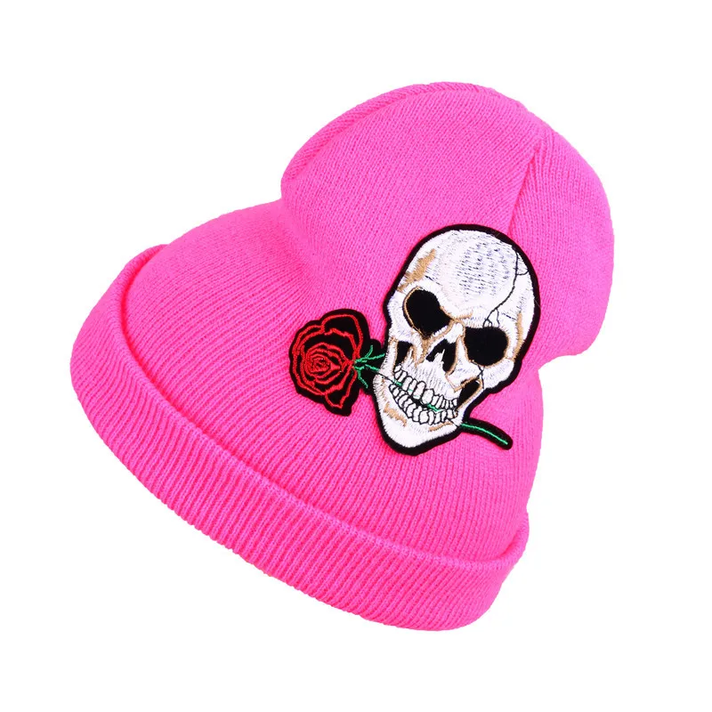 Вышивка в виде черепа и красная роза вязаные шапки на осень и зиму, яркие цвета Шапка-бини вечерние и забавная шляпка