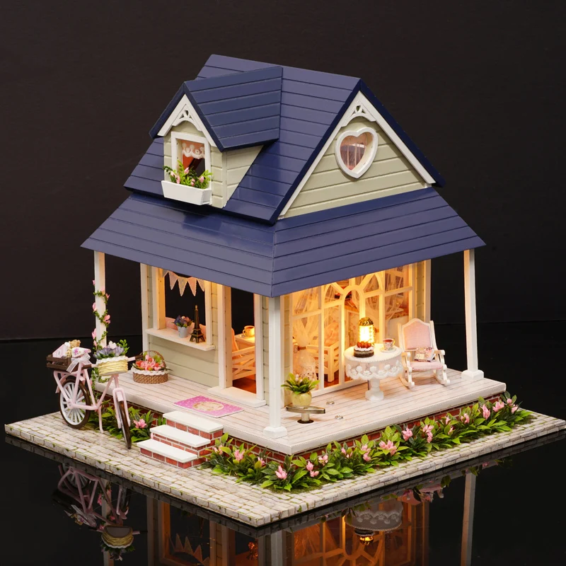 

DIY Miniature Dollhouse With Furnitures Wooden Doll House Handmade Toys House For Dolls Gifts For Kids Bicycle Angel A060