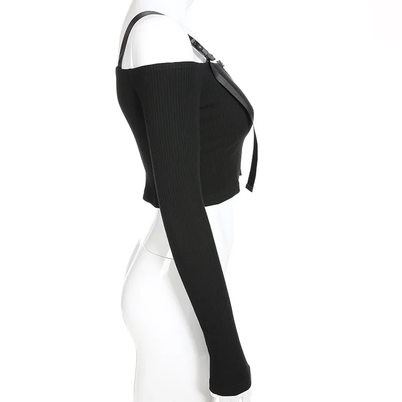Арцу осень с плеча топы для Для женщин кроп-топ с длинными рукавами черная футболка Femme Футболка Сексуальная футболка ASTS20472