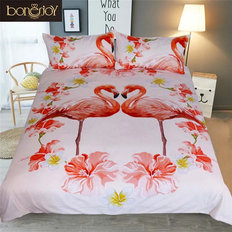 Bonenjoy Red and White Bedding Set Animal Flamingo Print Cotton Blend