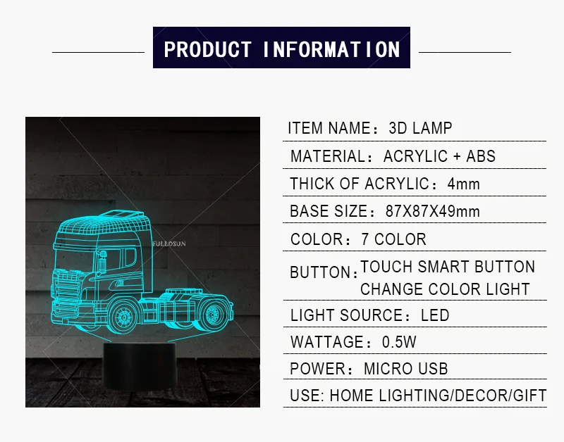 Супер светодиодный тяжелый грузовик формы ночной светильник 7 меняющихся цветов 3d иллюзия ночник сенсорный переключатель USB кабель
