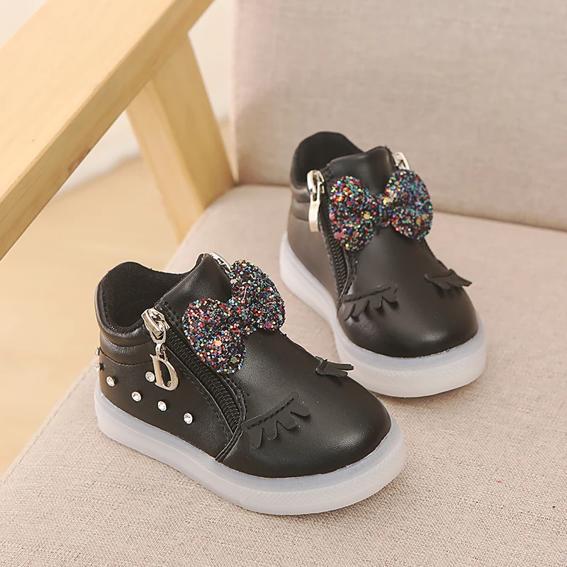 

Children Girls casual shoes LED lights bow soft bottom sneakers PU Leather Solid Shoes Black Red Pink White Cheap