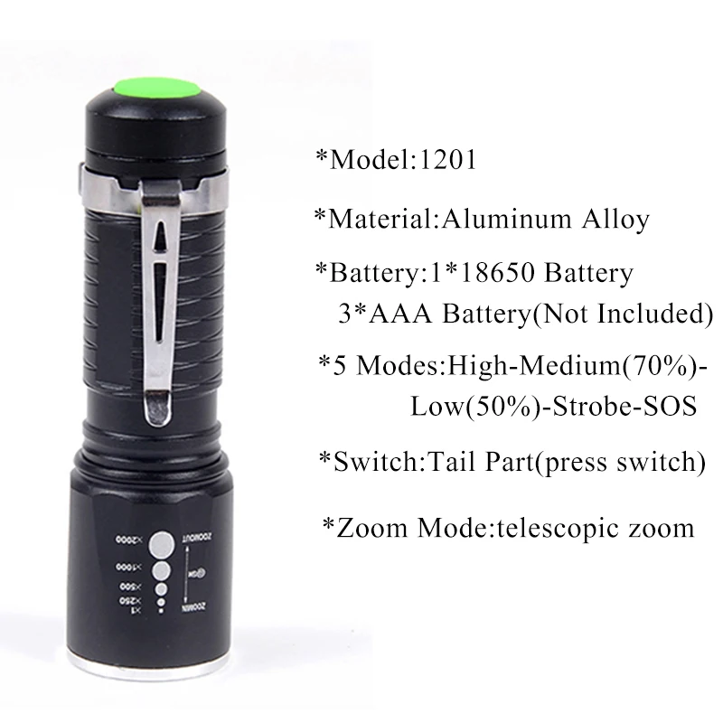 Мощный фонарик с масштабированием XM-L T6 8000 люмен 5 режимов, водонепроницаемый фонарь, тактический фонарь из алюминия, аккумулятор 18650 или AAA