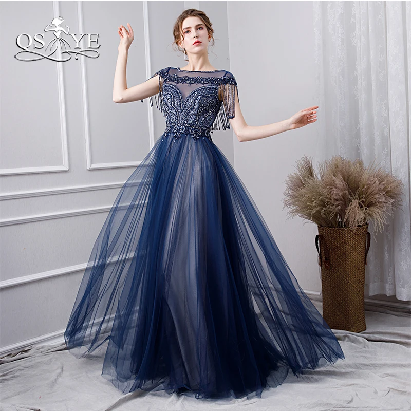 

QSYYE 2019 Blue Long Prom Dresses with Beading Elegant Boat Neck Floor Length Tulle Formal Evening Dress Long Party Gowns