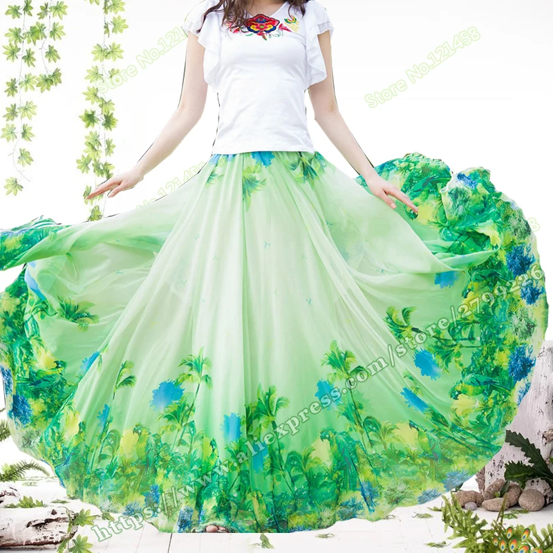 

2018 New Spring and summer Plus Size 5XL Chiffon print flower Bohemia Big Hem Female Long Maxi Skirt / faldas largas elegantes