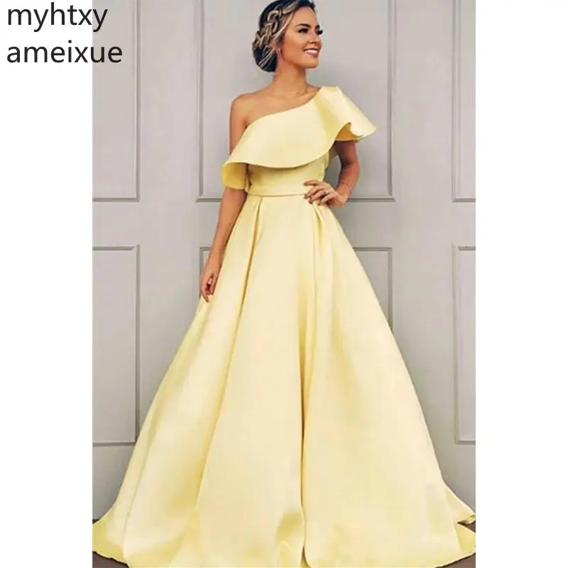 

2019 New Plus Size Evening Plus Size Gowns One Shoulder Prom Dresses With Ruffles A-Line Satin Formal Custom Made Robe De Soiree